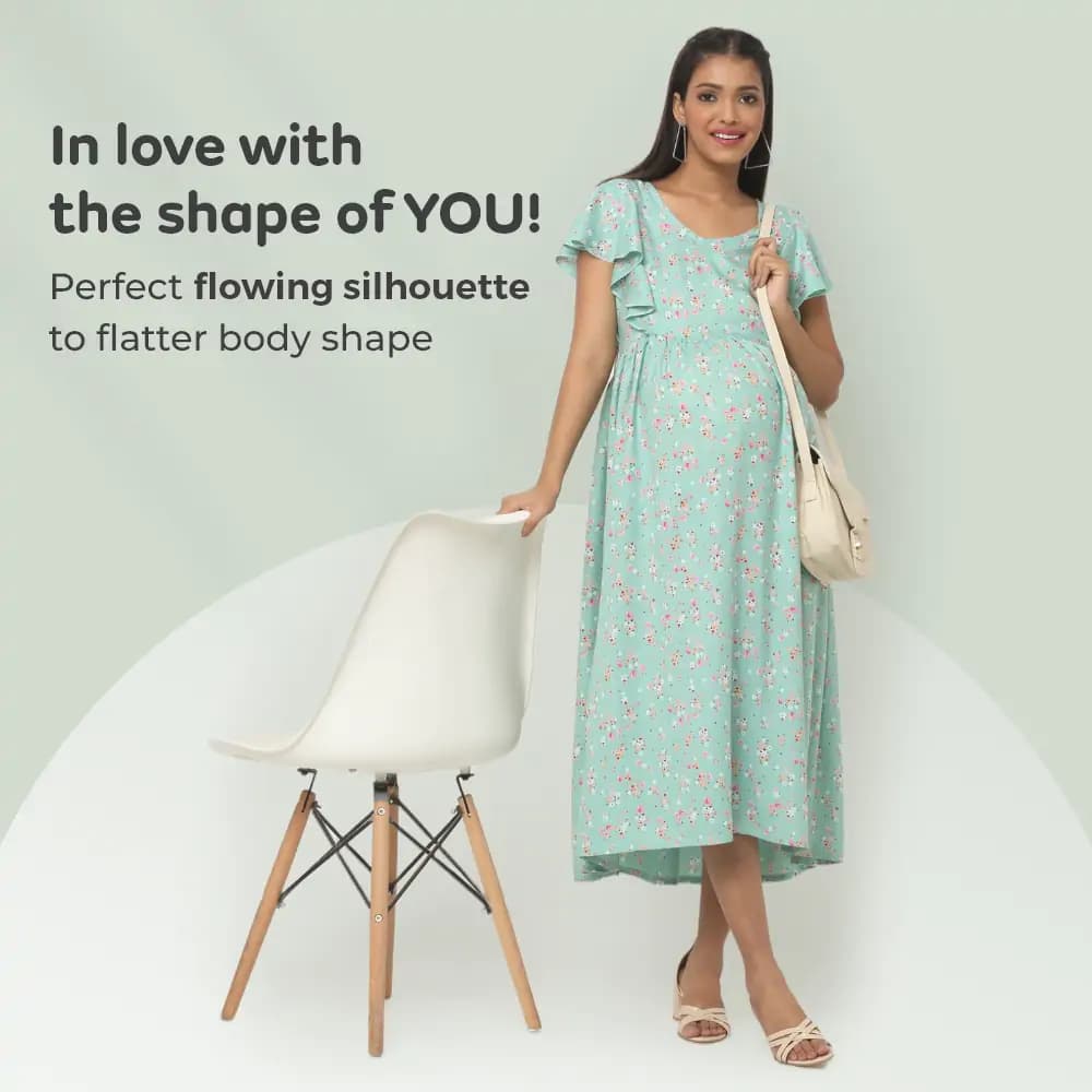 Pre & Post Maternity /Nursing Midi Dress with both sides Zipper for Easy Feeding – Floral - Green–XL