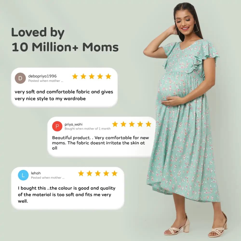 Pre & Post Maternity /Nursing Midi Dress with both sides Zipper for Easy Feeding – Floral - Green–XL