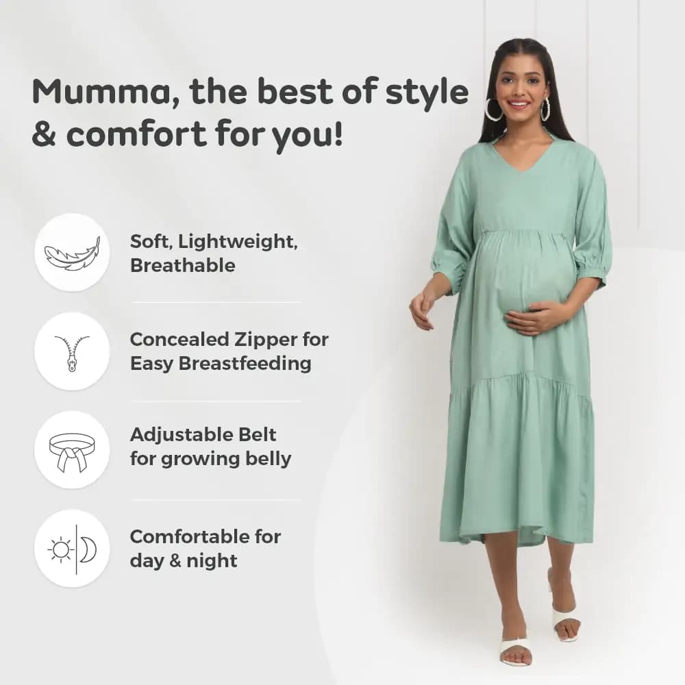 Pre & Post Maternity /Nursing Ruffle collared Solid Midi Dress with both sides Zipper for Easy Feeding – Solid - Olive Green-XL