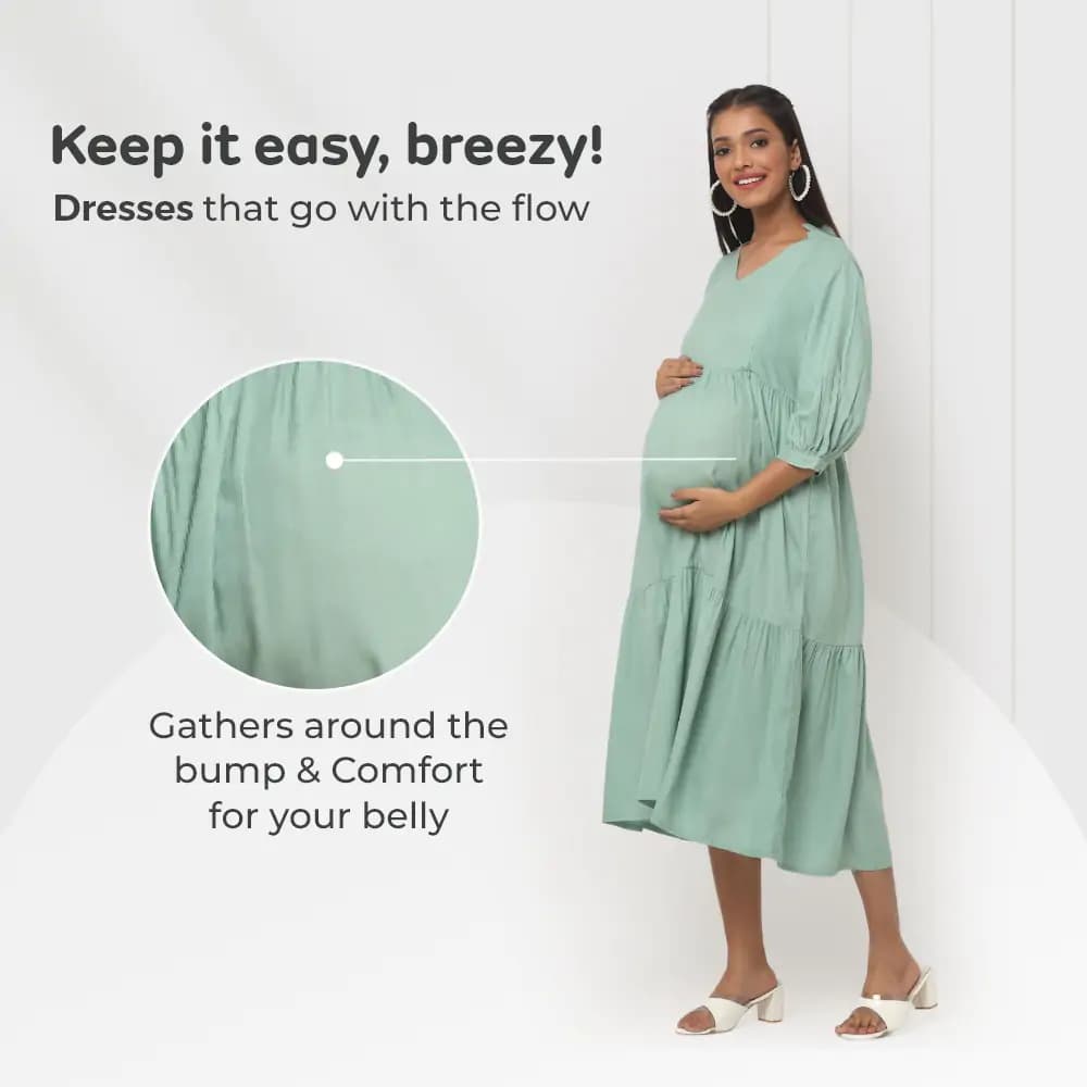 Pre & Post Maternity /Nursing Ruffle collared Solid Midi Dress with both sides Zipper for Easy Feeding – Solid - Olive Green-XL