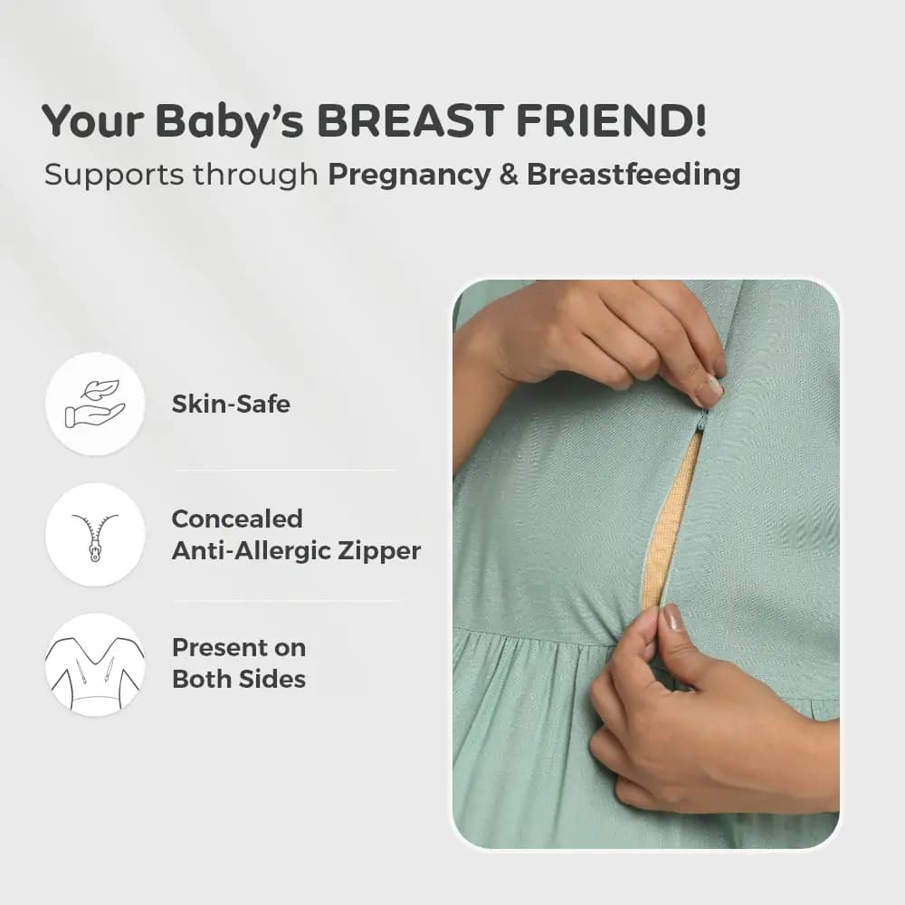 Pre & Post Maternity /Nursing Ruffle collared Solid Midi Dress with both sides Zipper for Easy Feeding – Solid - Olive Green-XL