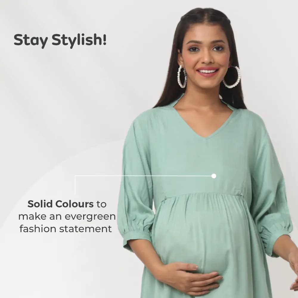 Pre & Post Maternity /Nursing Ruffle collared Solid Midi Dress with both sides Zipper for Easy Feeding – Solid - Olive Green-XL