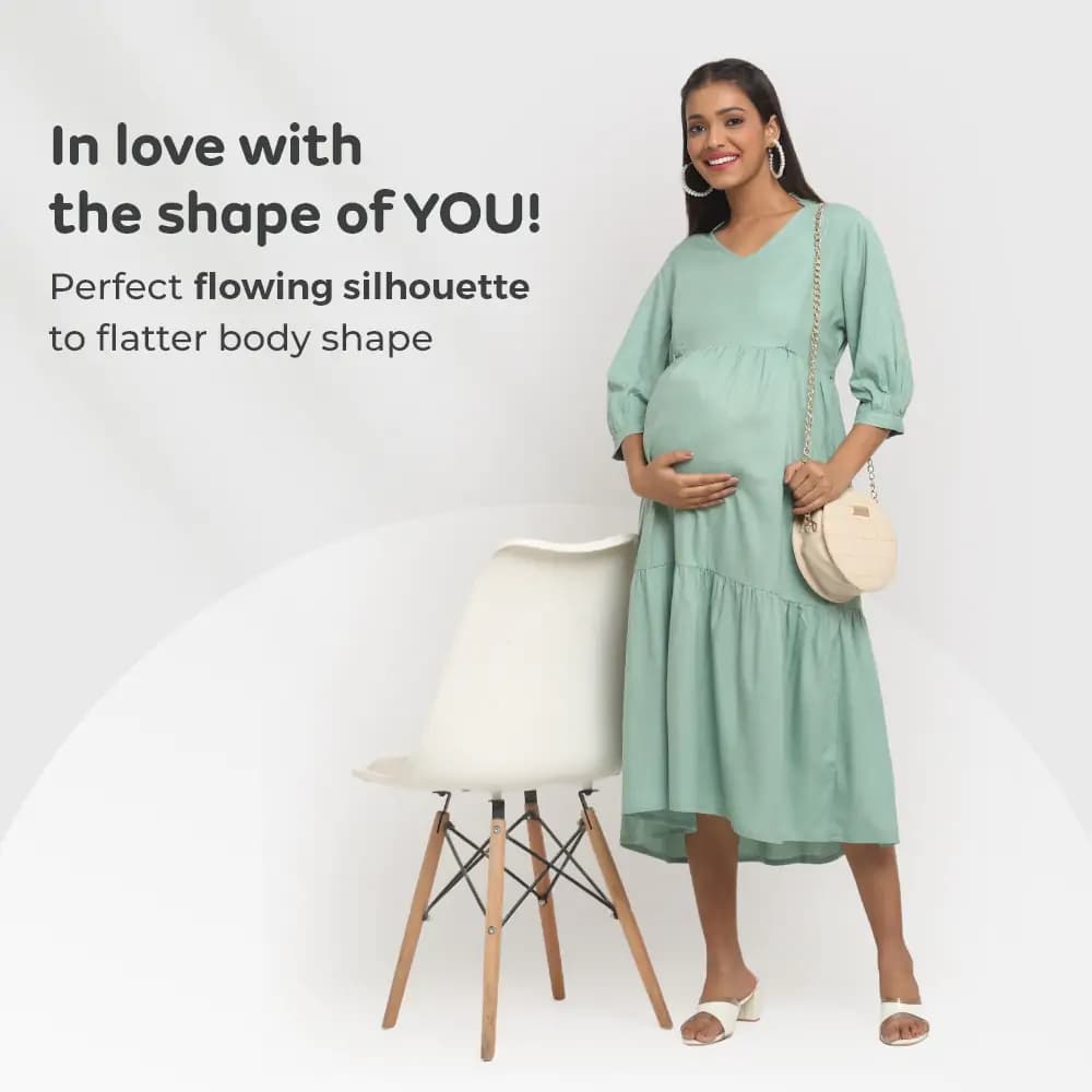 Pre & Post Maternity /Nursing Ruffle collared Solid Midi Dress with both sides Zipper for Easy Feeding – Solid - Olive Green-XL