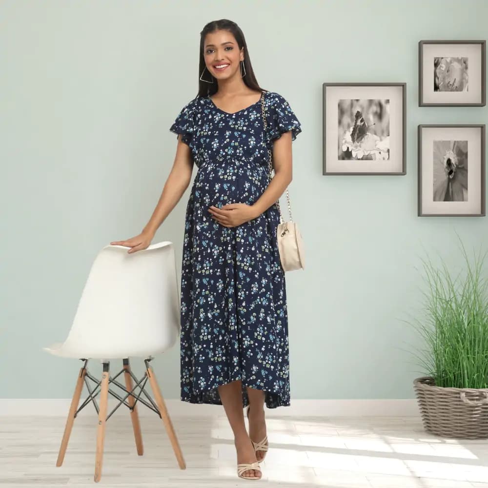 Pre & Post Maternity /Nursing Midi Dress with both sides Zipper for Easy Feeding – Floral - Navy–XL