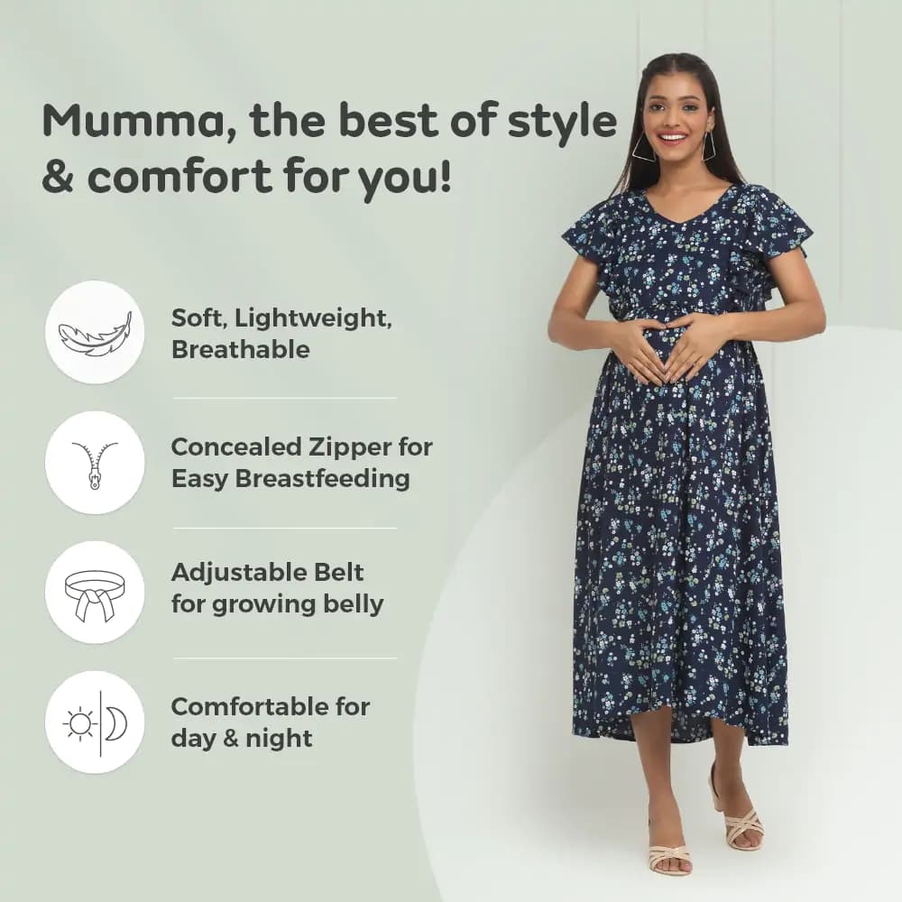 Pre & Post Maternity /Nursing Midi Dress with both sides Zipper for Easy Feeding – Floral - Navy–XL