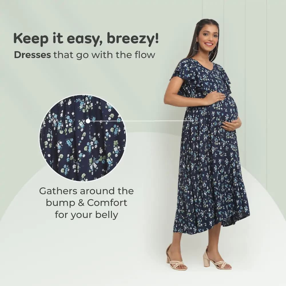 Pre & Post Maternity /Nursing Midi Dress with both sides Zipper for Easy Feeding – Floral - Navy–XL