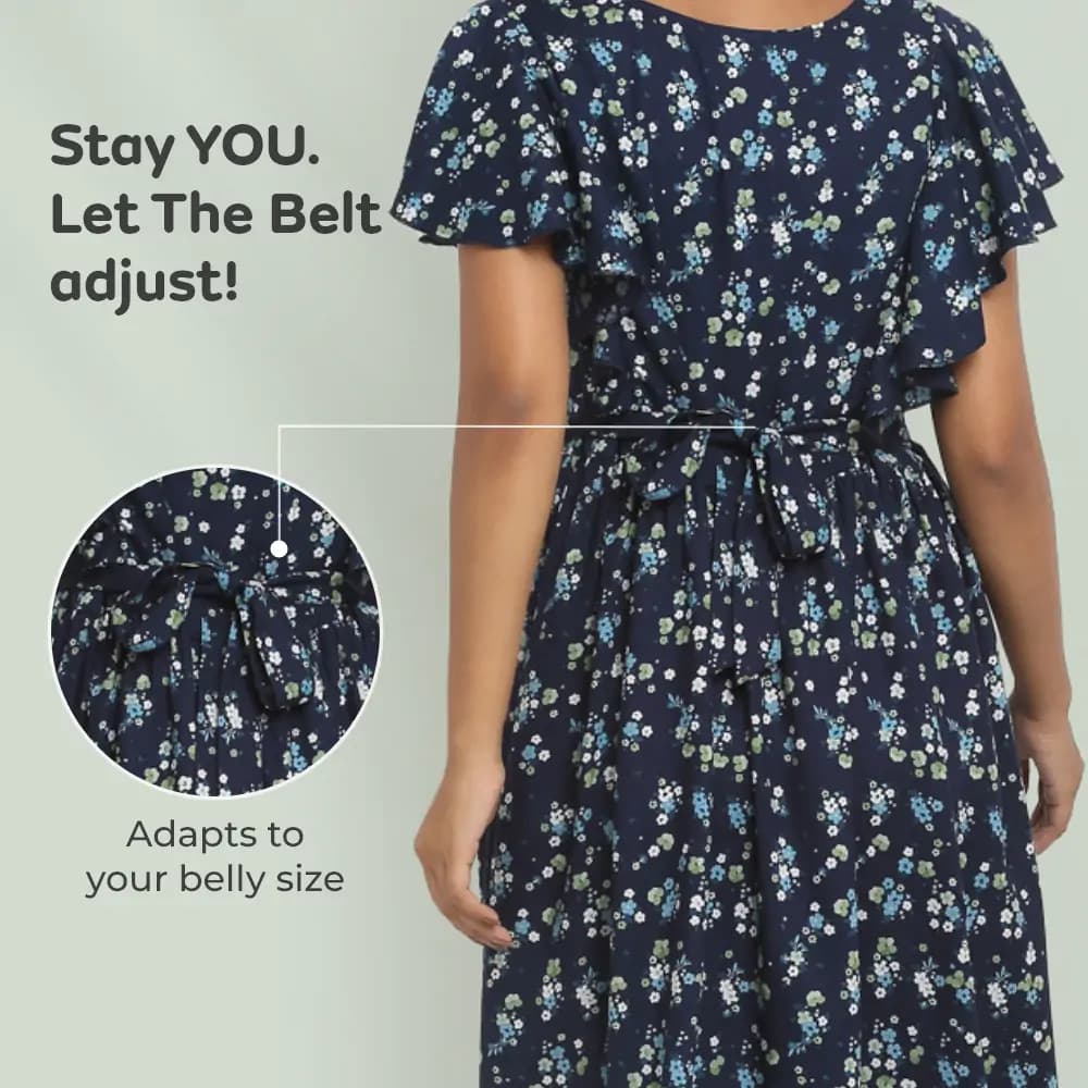 Pre & Post Maternity /Nursing Midi Dress with both sides Zipper for Easy Feeding – Floral - Navy–XL