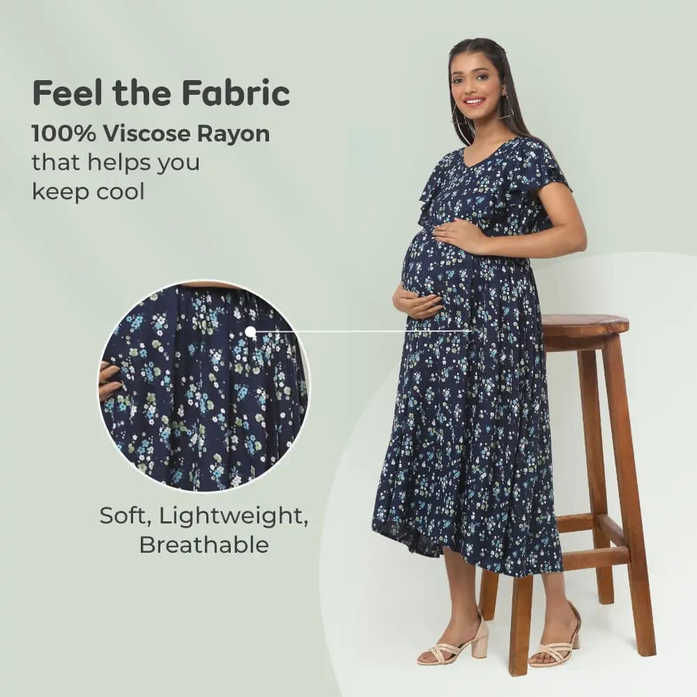 Pre & Post Maternity /Nursing Midi Dress with both sides Zipper for Easy Feeding – Floral - Navy–XL