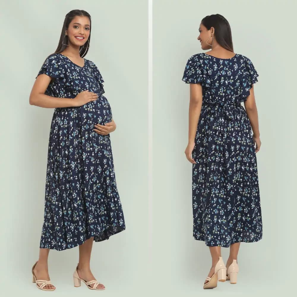 Pre & Post Maternity /Nursing Midi Dress with both sides Zipper for Easy Feeding – Floral - Navy–XL