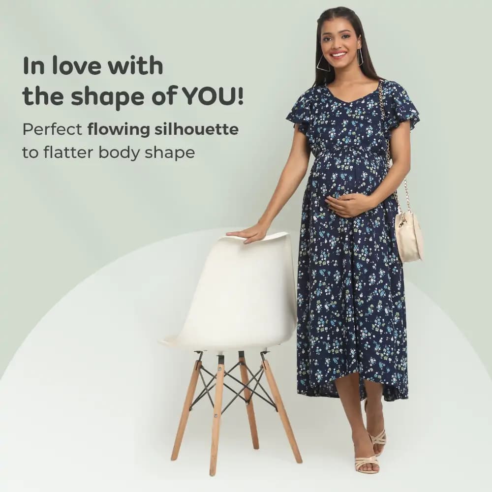 Pre & Post Maternity /Nursing Midi Dress with both sides Zipper for Easy Feeding – Floral - Navy–XL