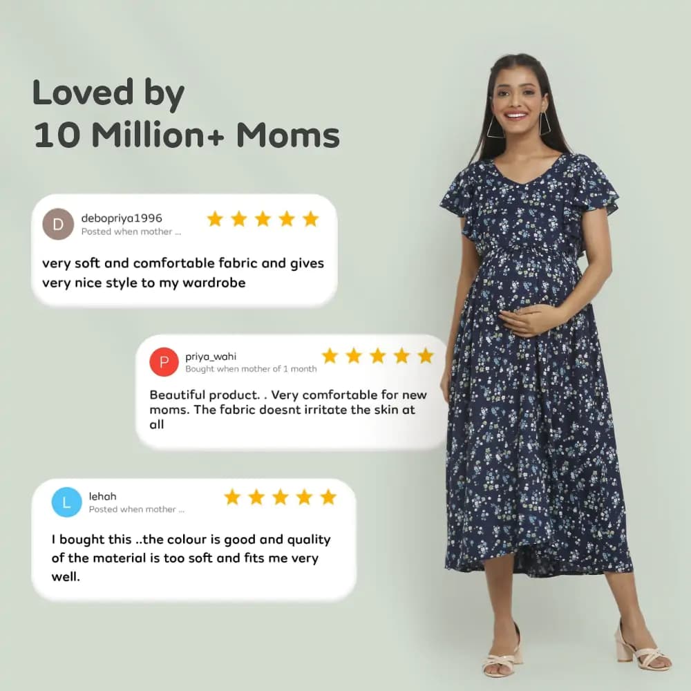 Pre & Post Maternity /Nursing Midi Dress with both sides Zipper for Easy Feeding – Floral - Navy–XL