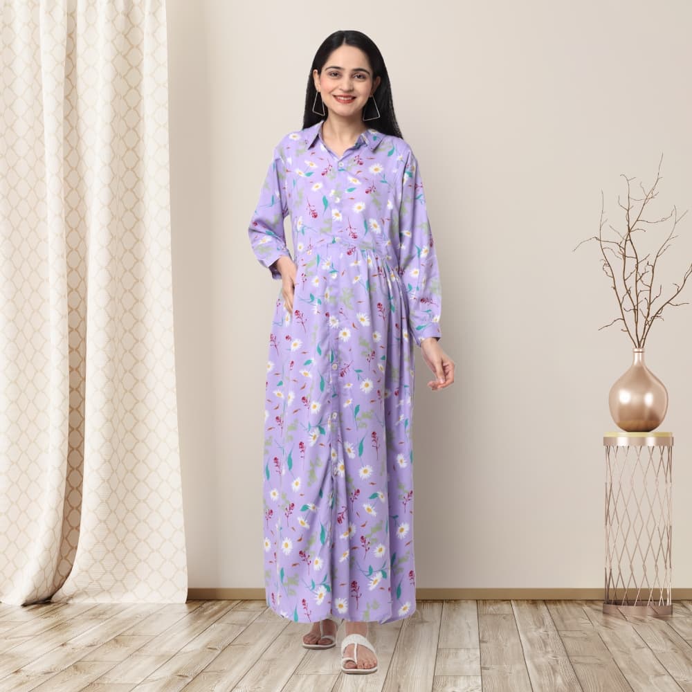 Maternity/Nursing Maxi Dress with Zippers for Easy Feeding - Lilac Daisy - XXL