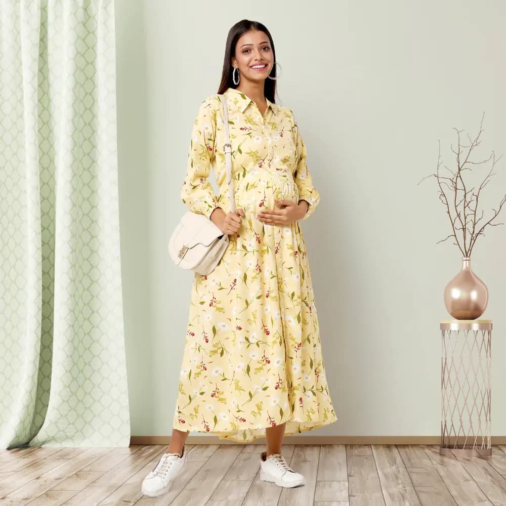 Pre & Post Maternity /Nursing Long Cuff Sleeves Shirt Collar Maxi Dress with Zippers for Easy Feeding -Cream Daisy - L