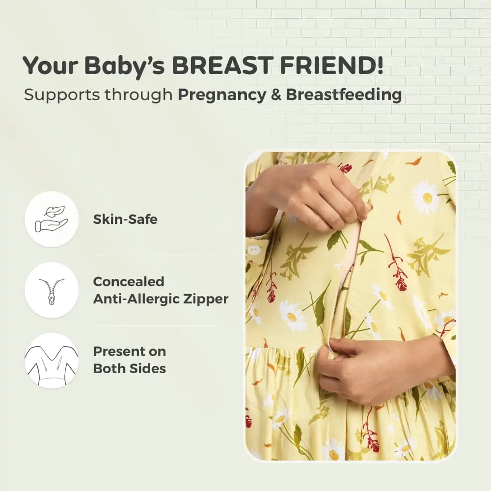 Pre & Post Maternity /Nursing Long Cuff Sleeves Shirt Collar Maxi Dress with Zippers for Easy Feeding -Cream Daisy - L