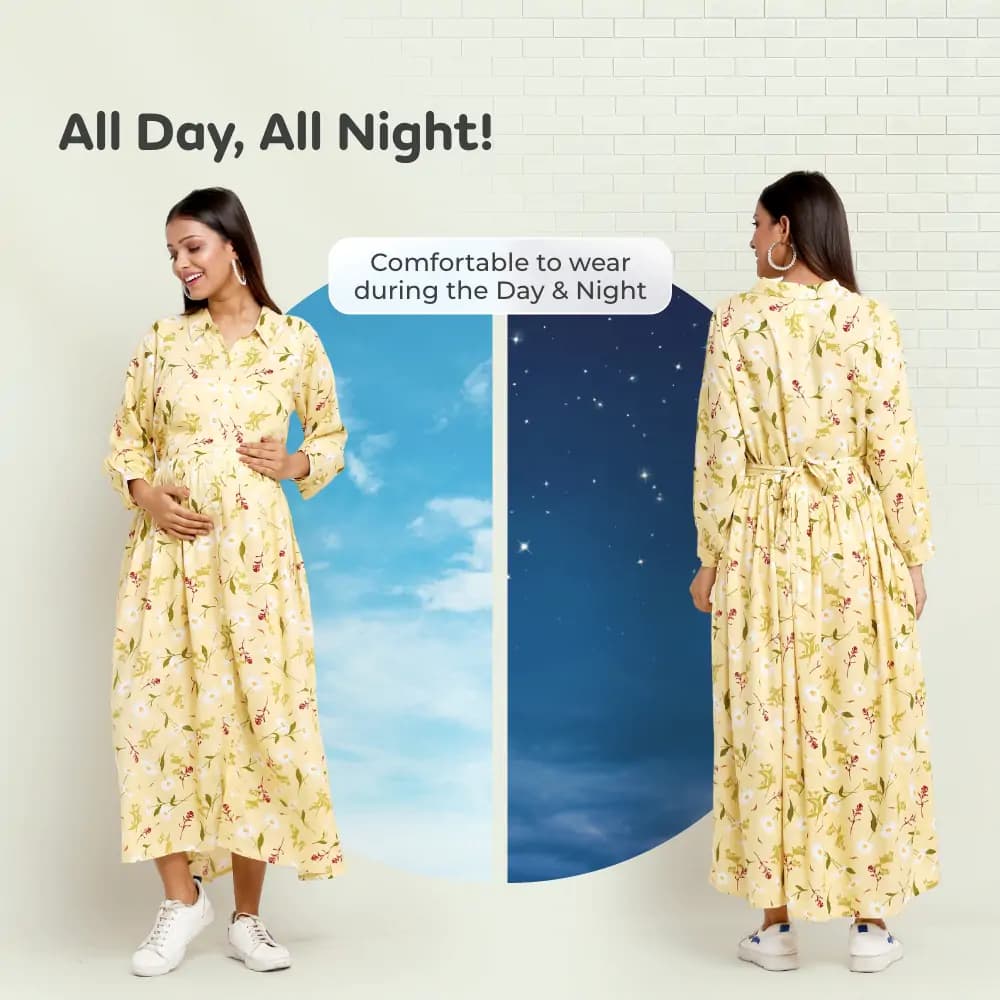 Pre & Post Maternity /Nursing Long Cuff Sleeves Shirt Collar Maxi Dress with Zippers for Easy Feeding -Cream Daisy - L