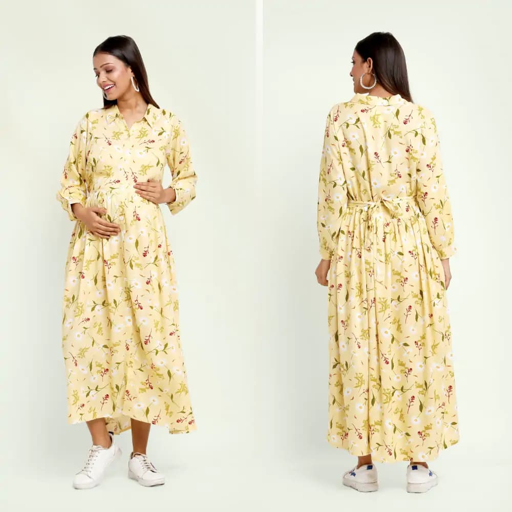 Pre & Post Maternity /Nursing Long Cuff Sleeves Shirt Collar Maxi Dress with Zippers for Easy Feeding -Cream Daisy - L