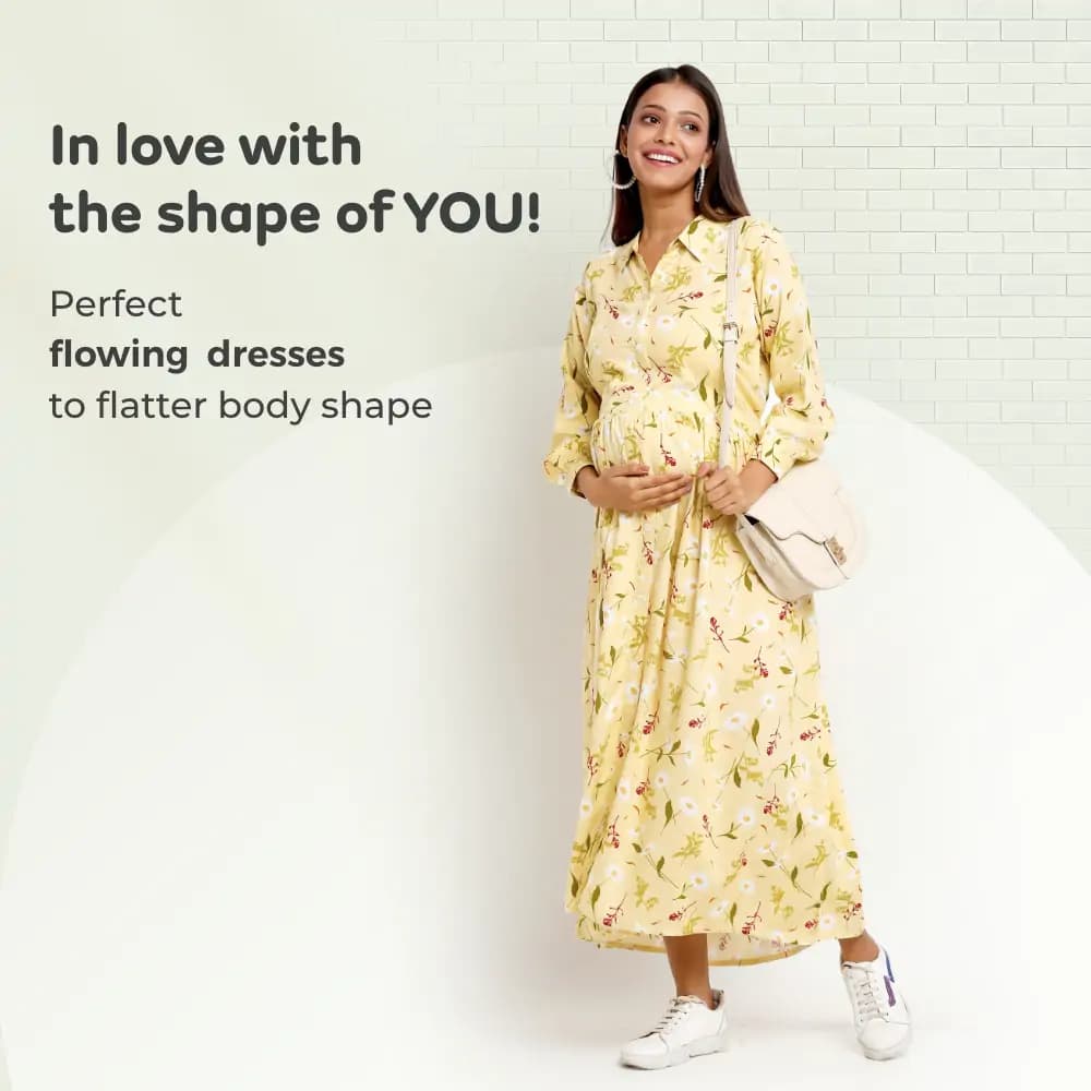 Pre & Post Maternity /Nursing Long Cuff Sleeves Shirt Collar Maxi Dress with Zippers for Easy Feeding -Cream Daisy - L