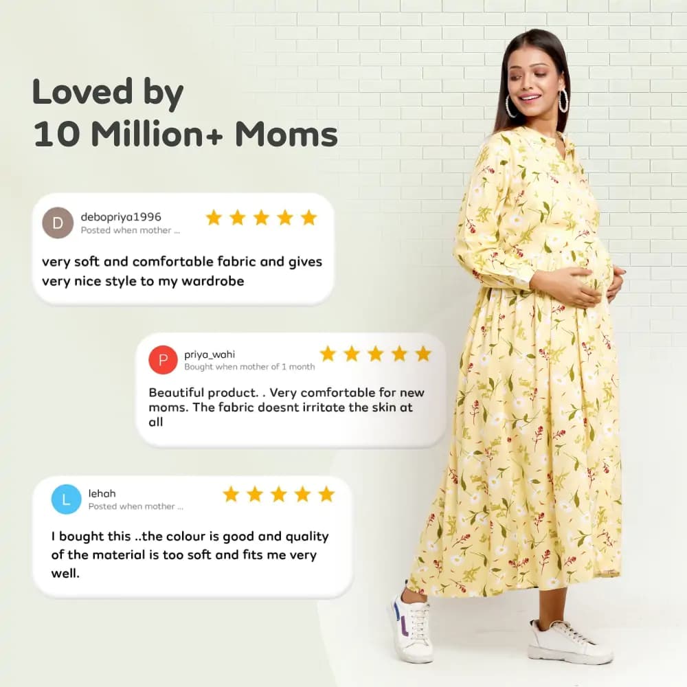 Pre & Post Maternity /Nursing Long Cuff Sleeves Shirt Collar Maxi Dress with Zippers for Easy Feeding -Cream Daisy - L