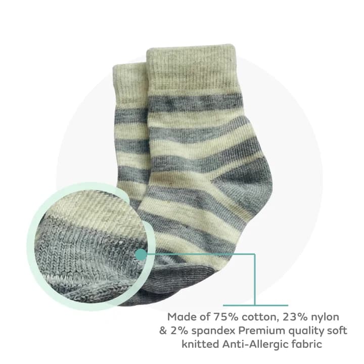 Baby Socks 6-12 Months | Elasticated & Antibacterial | Breathable, Shrinkable, Sweat & Wear Resistant | Unisex Grey Striped & Solid | Pack of 3  MATERIAL 