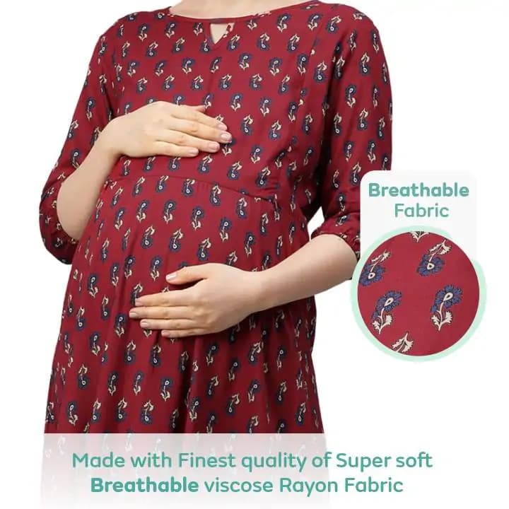 Pre & Post Maternity /Nursing Printed Kurta cum Midi Dress with both sides Zipper for Easy Feeding – Ethnic Maroon-XXL  MATERIAL 
