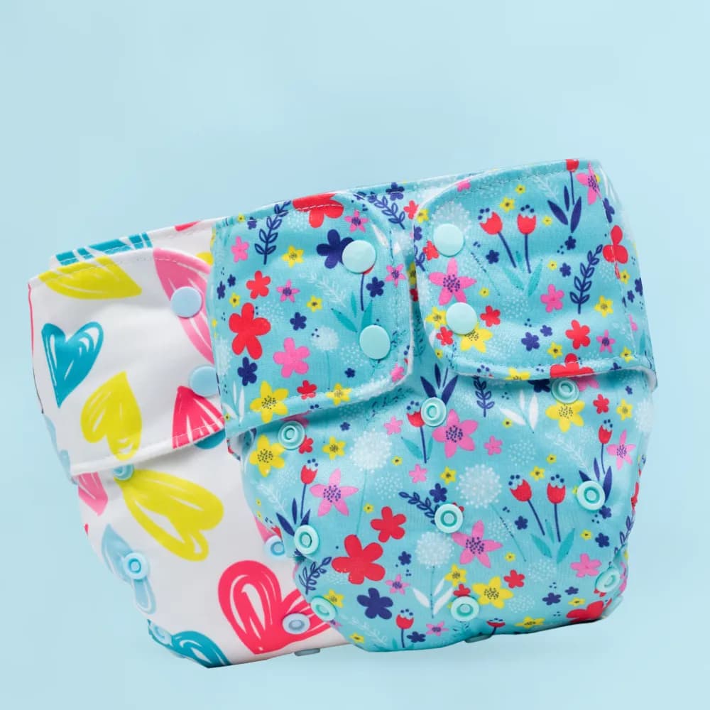 Adjustable & Reusable Cloth Diaper - Floral Spring & Heart Doodles - Pack of 2