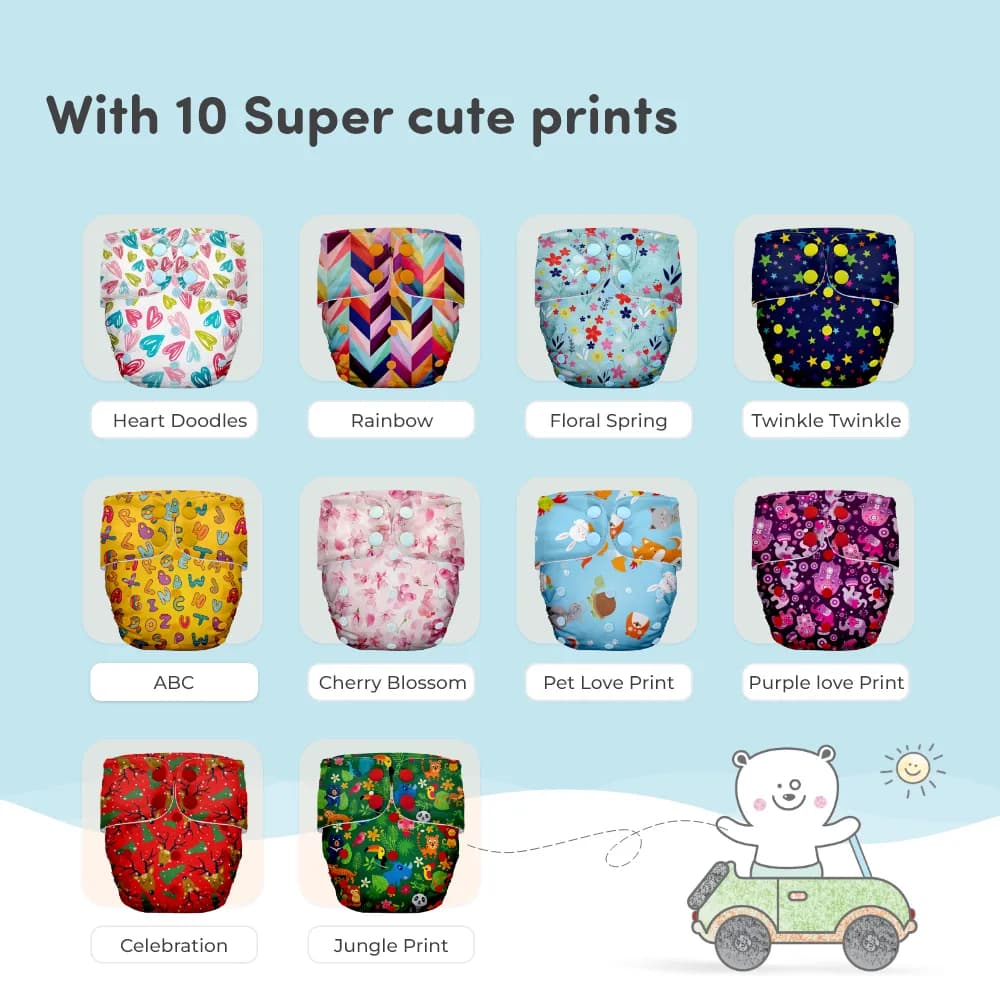 Adjustable & Reusable Cloth Diaper - Floral Spring & Heart Doodles - Pack of 2