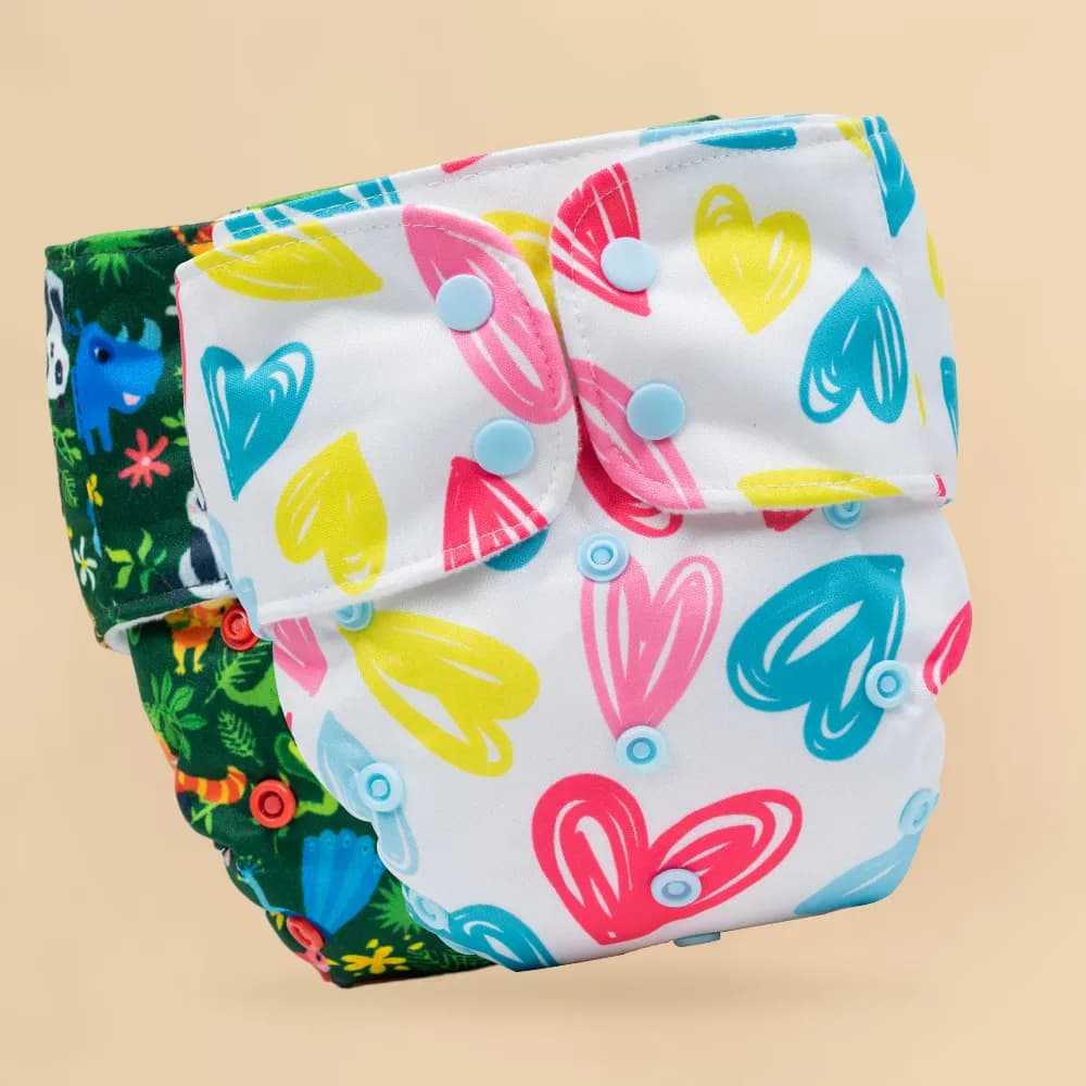 Adjustable Washable & Reusable Cloth Diaper With Dry Feel, Absorbent Insert Pad (3M-3Y) | Oeko-Tex Certified - Heart Doodles & Jungle - Pack of 2
