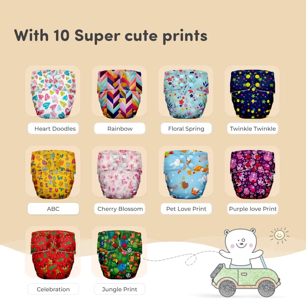 Adjustable Washable & Reusable Cloth Diaper With Dry Feel, Absorbent Insert Pad (3M-3Y) | Oeko-Tex Certified - Heart Doodles & Jungle - Pack of 2