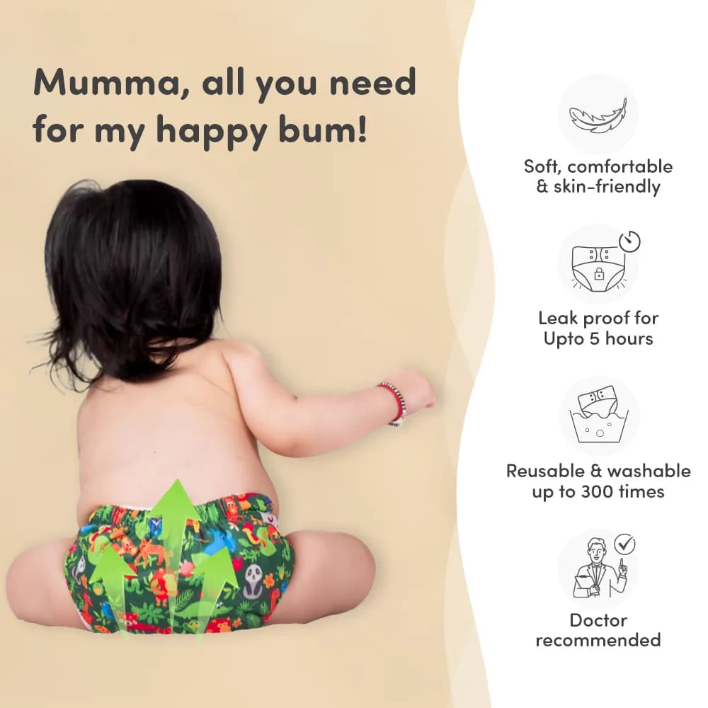 Adjustable Washable & Reusable Cloth Diaper With Dry Feel, Absorbent Insert Pad (3M-3Y) | Oeko-Tex Certified - Heart Doodles & Jungle - Pack of 2