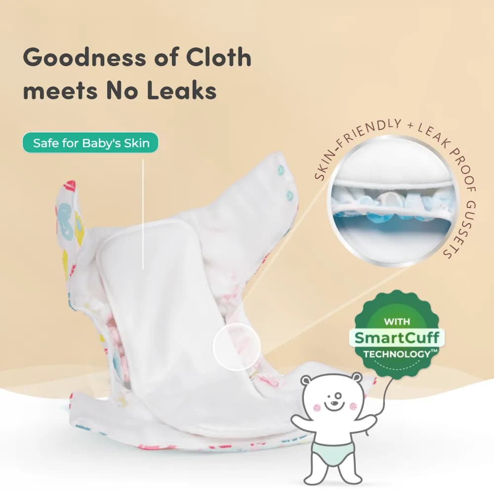 Adjustable Washable & Reusable Cloth Diaper With Dry Feel, Absorbent Insert Pad (3M-3Y) | Oeko-Tex Certified - Heart Doodles & Jungle - Pack of 2