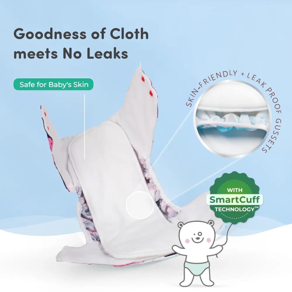 Adjustable Washable & Reusable Cloth Diaper With Dry Feel, Absorbent Insert Pad (3M-3Y) | Oeko-Tex Certified | Prevents Rashes - Floral Spring & Purple Love - Pack of 2