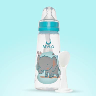 2-in-1 Baby Feeding Bottle | BPA Free with Anti-Colic Nipple & Spoon | Feels Natural Baby Bottle | Easy Flow Neck Design - Elephant 250ml