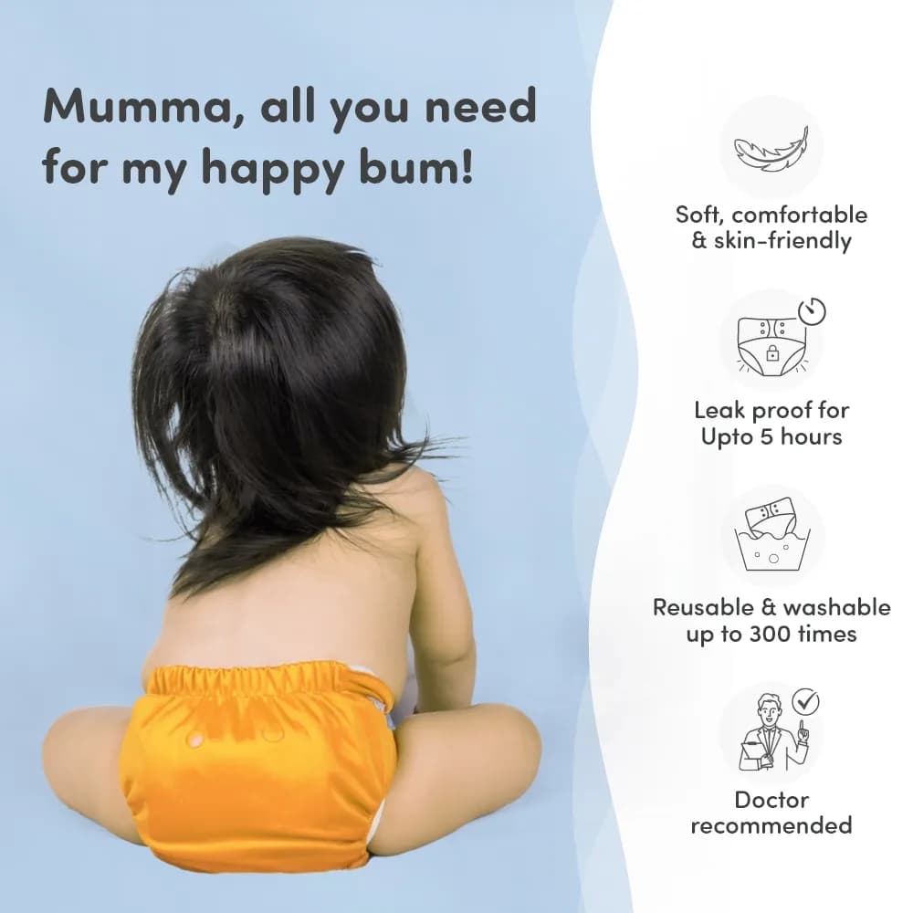 Adjustable Washable & Reusable Cloth Diaper With Dry Feel, Absorbent Insert Pad (3M-3Y) | Oeko-Tex Certified - Blue, Orange & Purple - Pack of 3