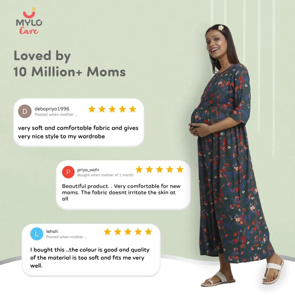 Maternity Dresses For Women with Both Side Zipper For Easy Feeding | Adjustable Belt for Growing Belly | Maxi Dress | Garden Flowers - Teal | XL