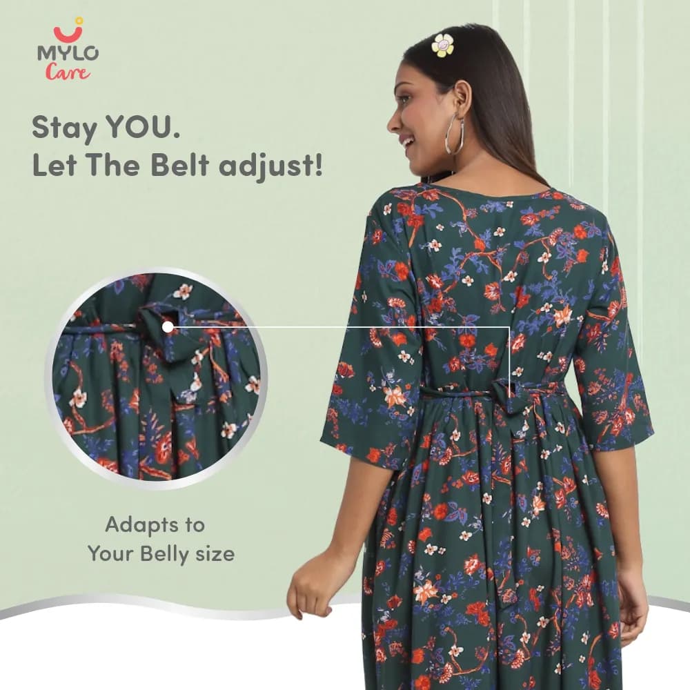 Maternity Dresses For Women with Both Side Zipper For Easy Feeding | Adjustable Belt for Growing Belly | Maxi Dress | Garden Flowers - Teal | XL