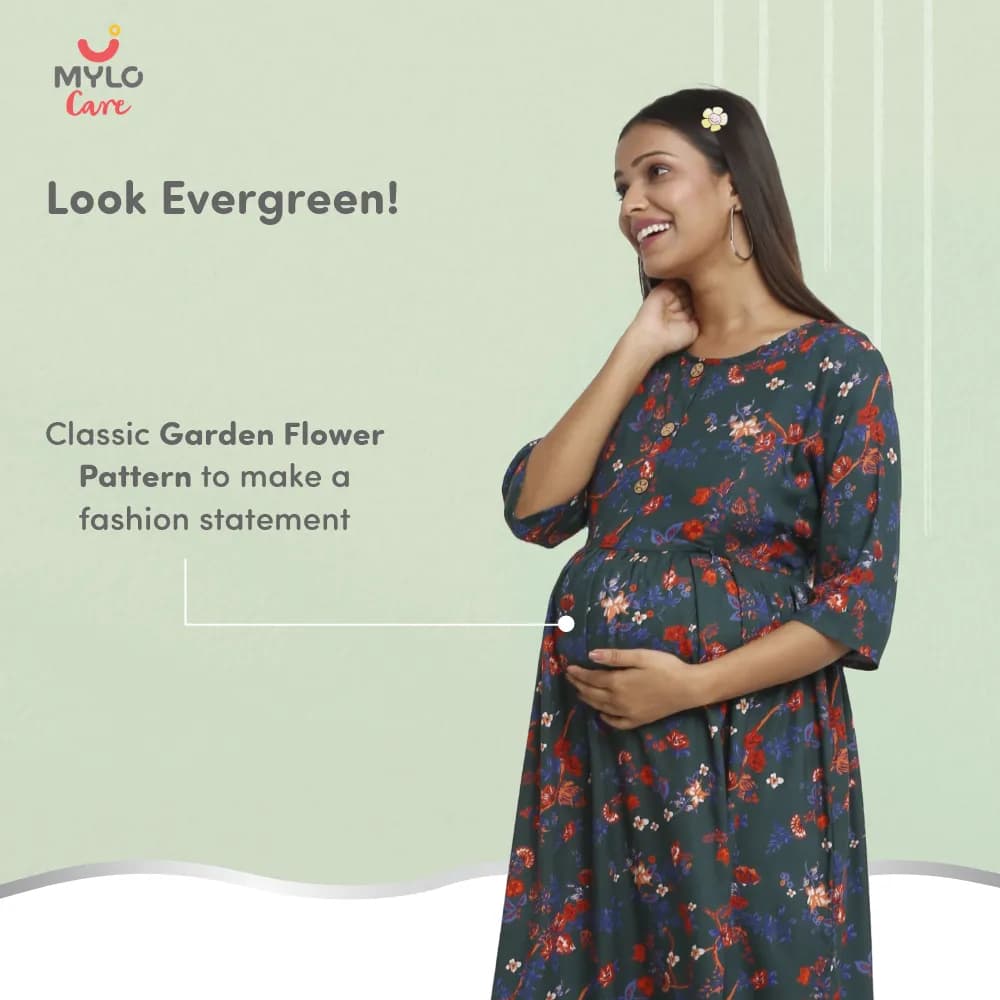 Maternity Dresses For Women with Both Side Zipper For Easy Feeding | Adjustable Belt for Growing Belly | Maxi Dress | Garden Flowers - Teal | XL
