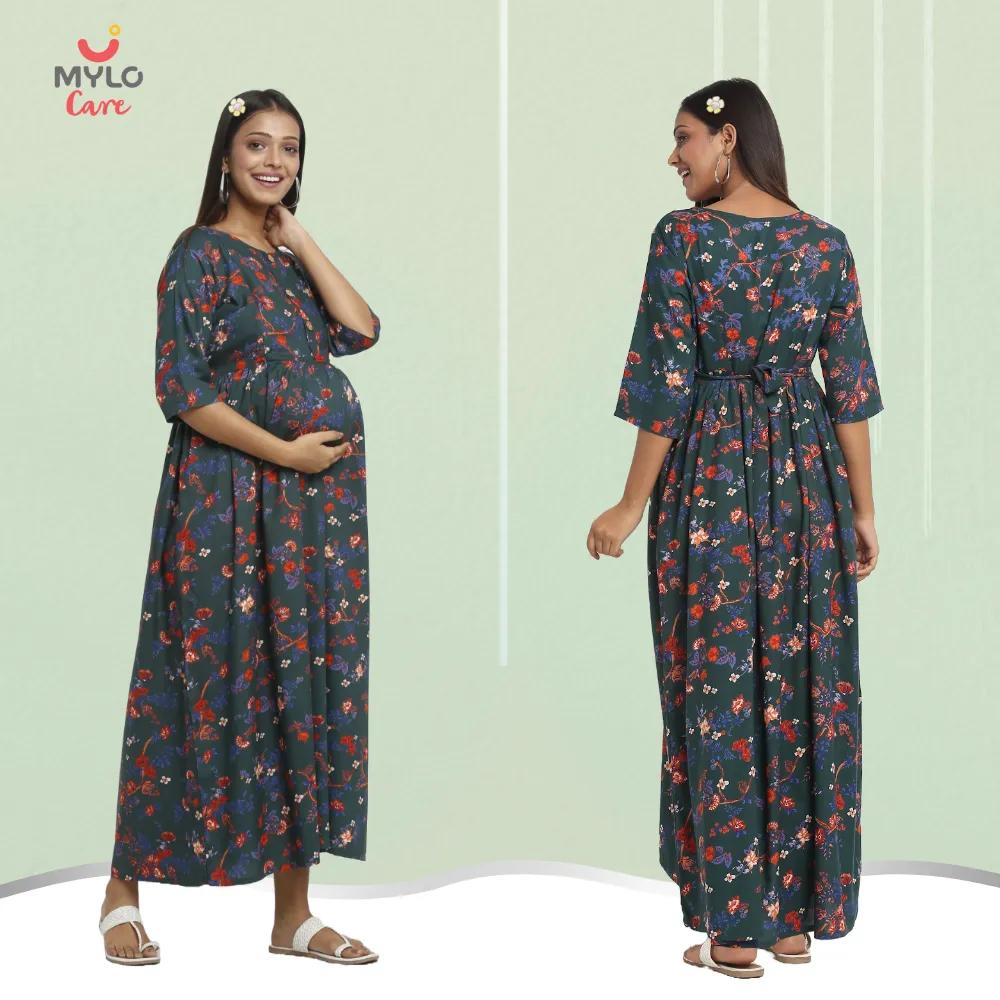 Maternity Dresses For Women with Both Side Zipper For Easy Feeding | Adjustable Belt for Growing Belly | Maxi Dress | Garden Flowers - Teal | XXL