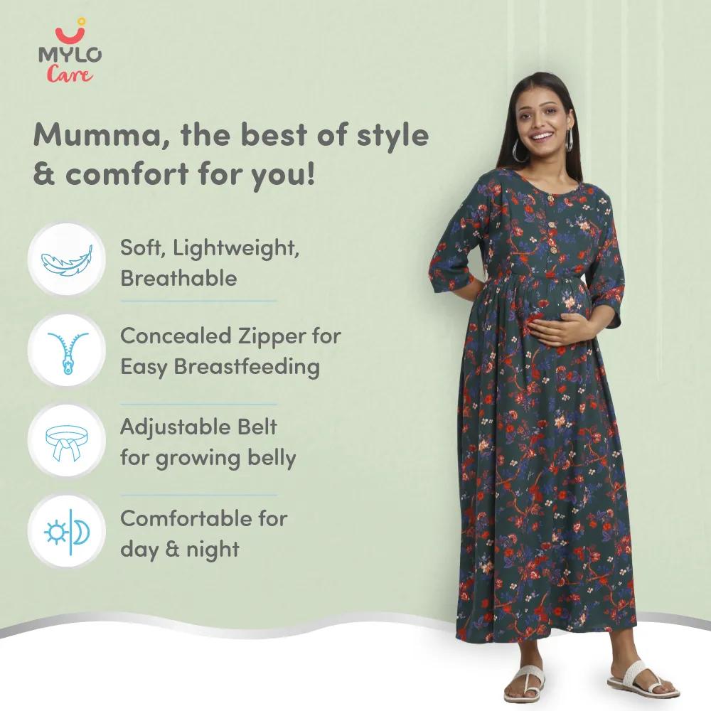 Maternity Dresses For Women with Both Side Zipper For Easy Feeding | Adjustable Belt for Growing Belly | Maxi Dress | Garden Flowers - Teal | XXL