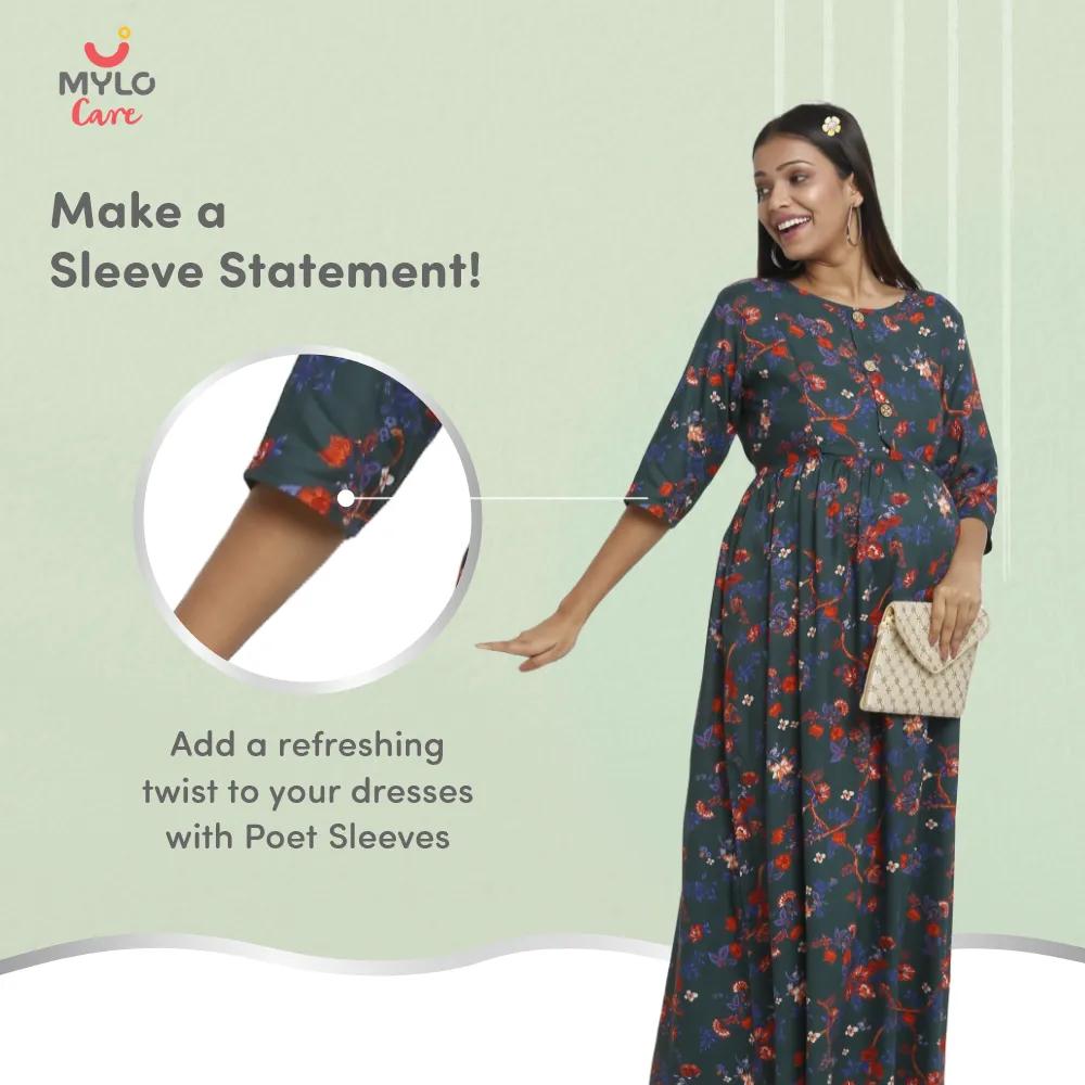 Maternity Dresses For Women with Both Side Zipper For Easy Feeding | Adjustable Belt for Growing Belly | Maxi Dress | Garden Flowers - Teal | XXL