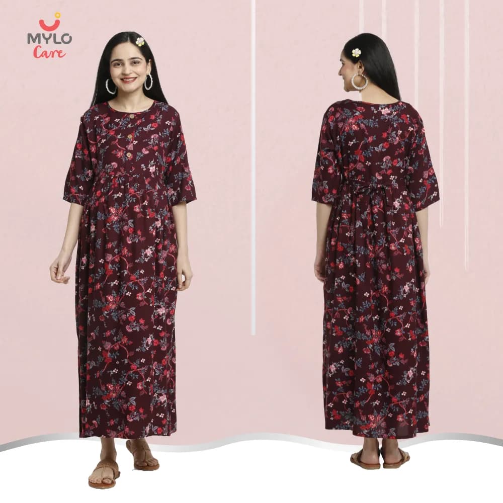 Maternity Dresses For Women with Both Side Zipper For Easy Feeding | Adjustable Belt for Growing Belly | Maxi Dress | Garden Flowers - Wine | L