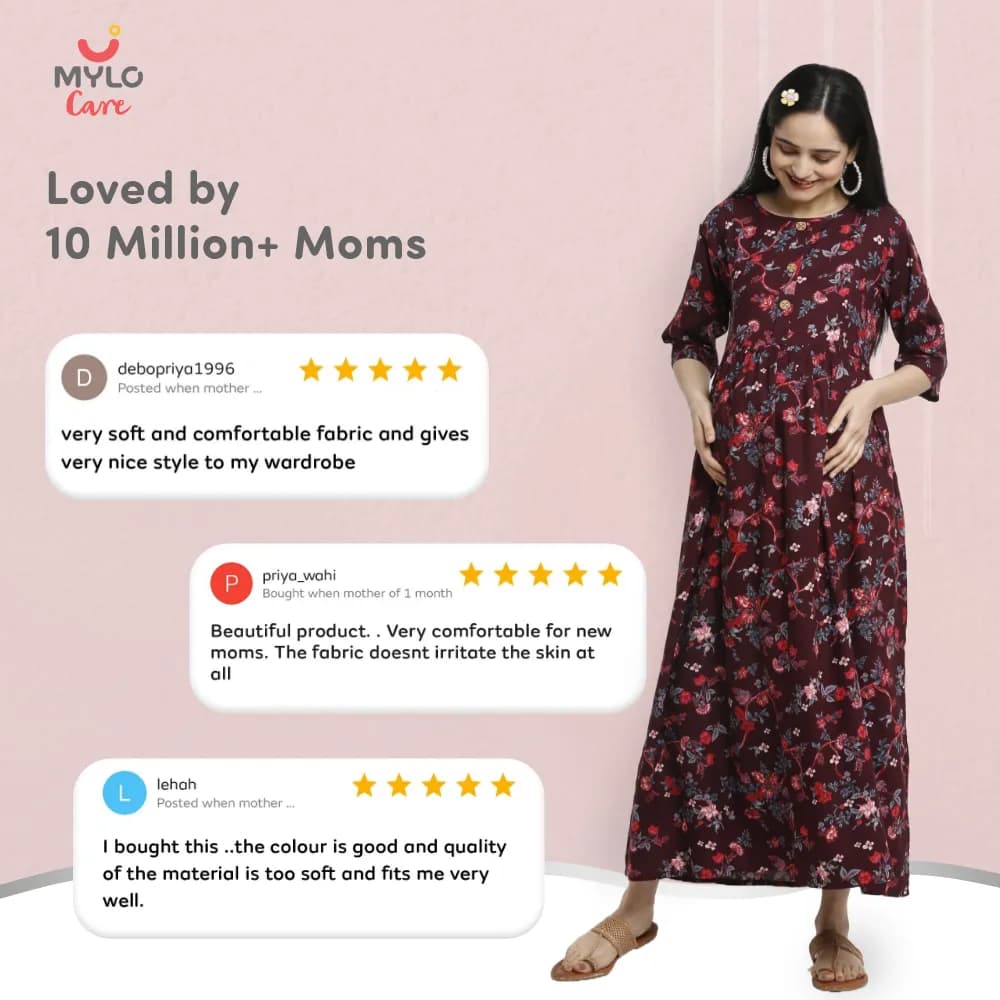 Maternity Dresses For Women with Both Side Zipper For Easy Feeding | Adjustable Belt for Growing Belly | Maxi Dress | Garden Flowers - Wine | L