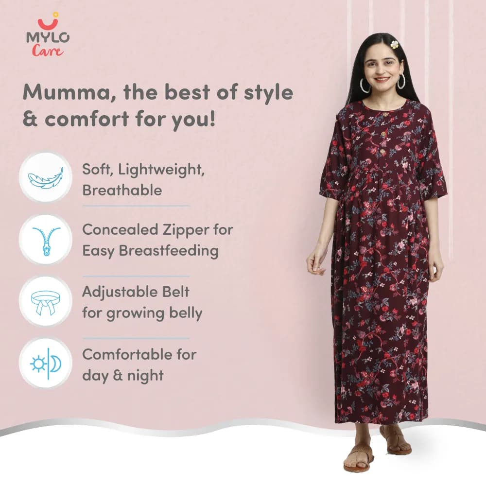 Maternity Dresses For Women with Both Side Zipper For Easy Feeding | Adjustable Belt for Growing Belly | Maxi Dress | Garden Flowers - Wine | L