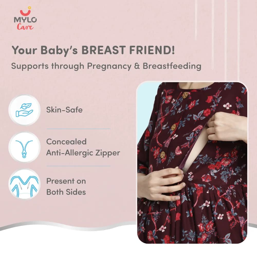 Maternity Dresses For Women with Both Side Zipper For Easy Feeding | Adjustable Belt for Growing Belly | Maxi Dress | Garden Flowers - Wine | L