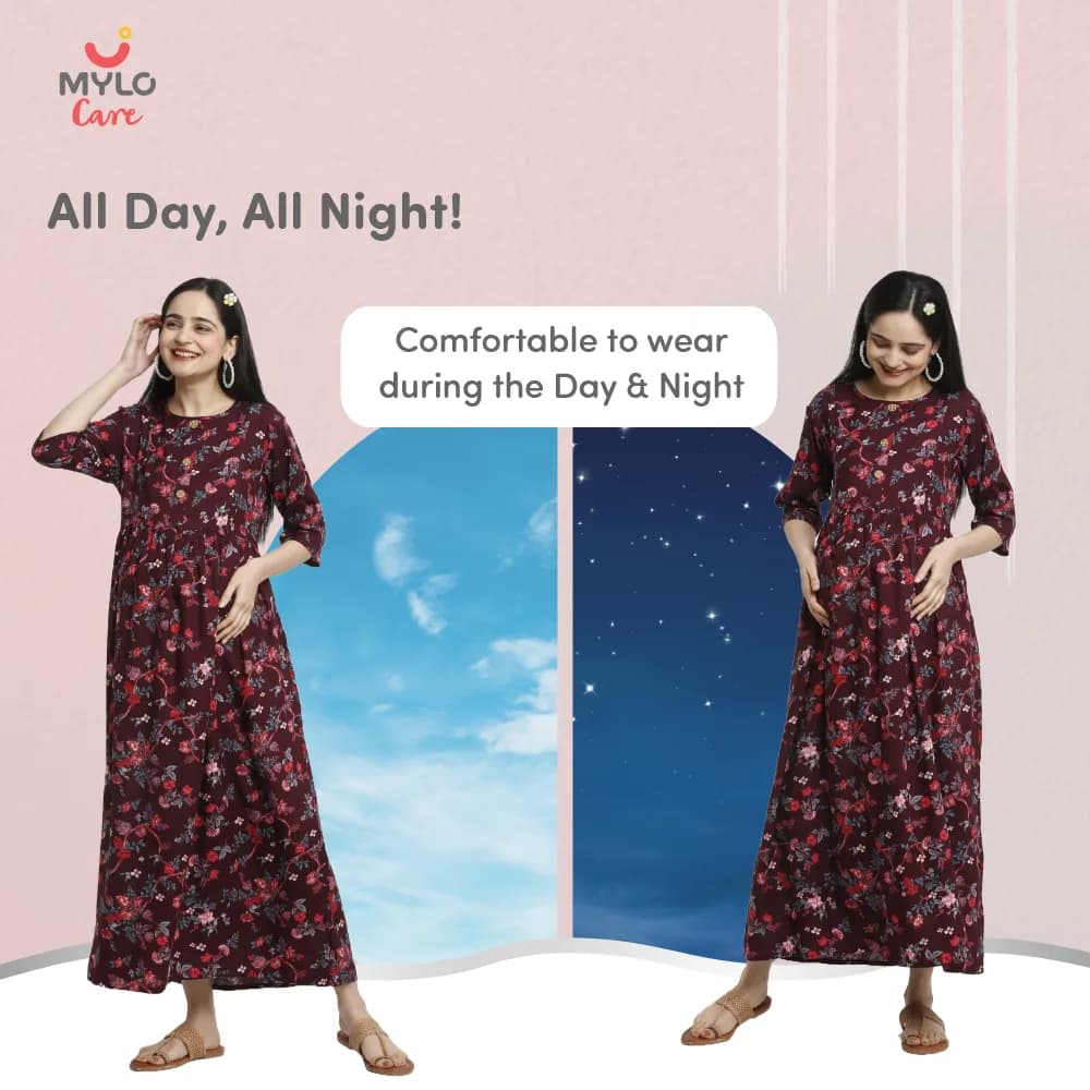 Maternity Dresses For Women with Both Side Zipper For Easy Feeding | Adjustable Belt for Growing Belly | Maxi Dress | Garden Flowers - Wine | L