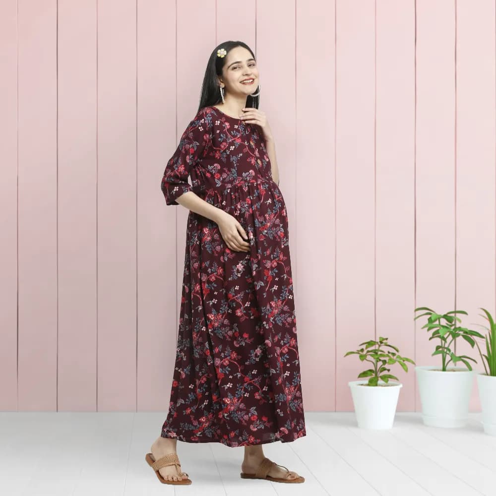 Maternity Dresses For Women with Both Side Zipper For Easy Feeding | Adjustable Belt for Growing Belly | Maxi Dress | Garden Flowers - Wine | XL