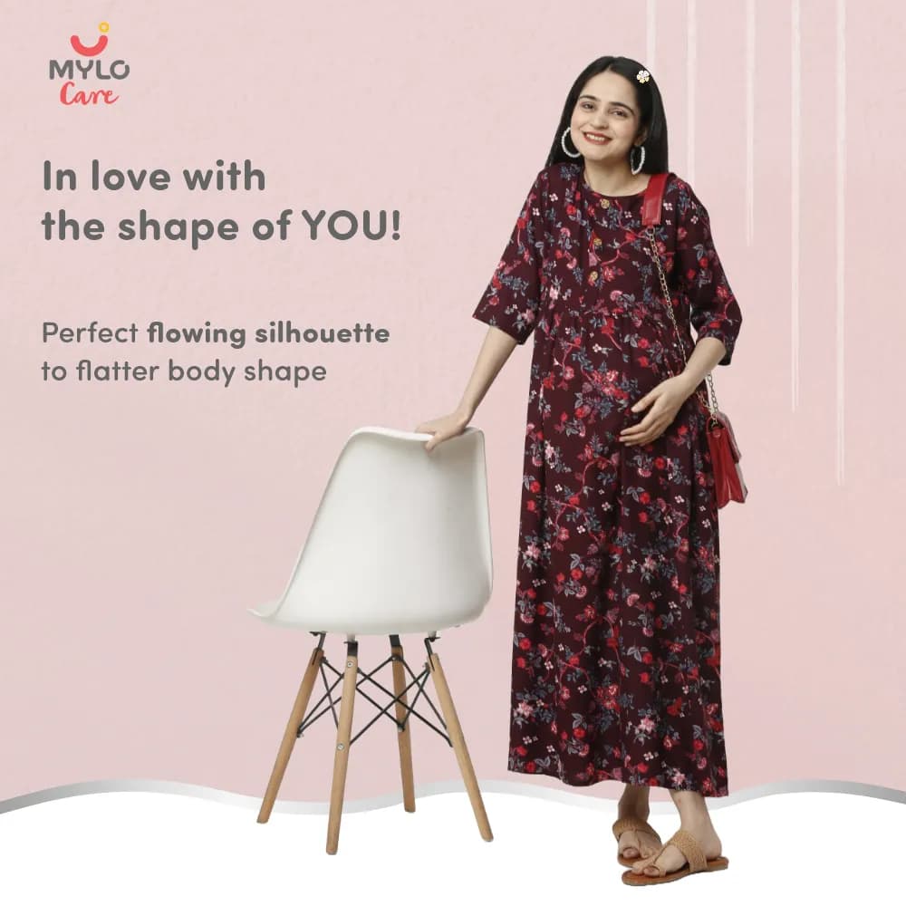 Maternity Dresses For Women with Both Side Zipper For Easy Feeding | Adjustable Belt for Growing Belly | Maxi Dress | Garden Flowers - Wine | XL