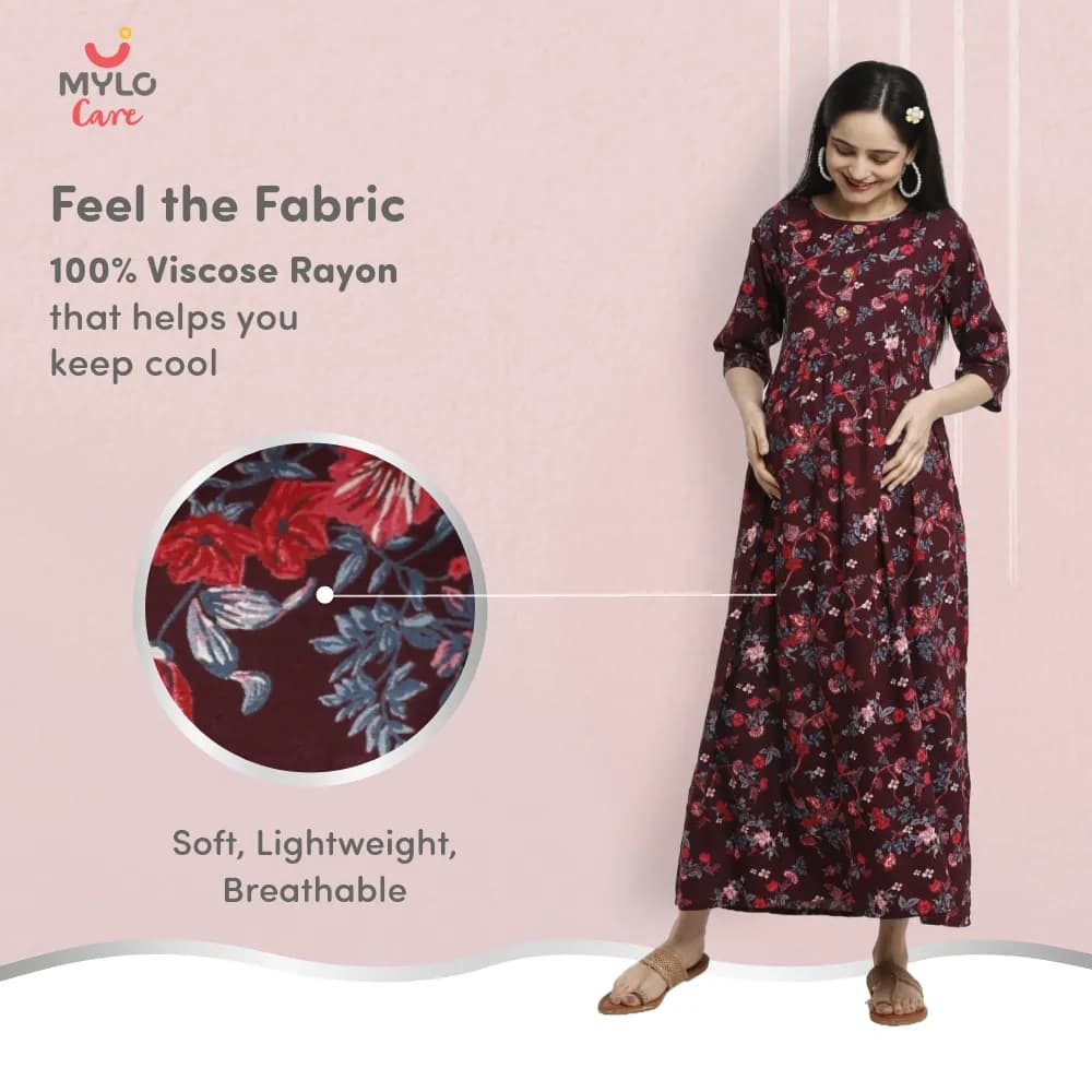 Maternity Dresses For Women with Both Side Zipper For Easy Feeding | Adjustable Belt for Growing Belly | Maxi Dress | Garden Flowers - Wine | XL