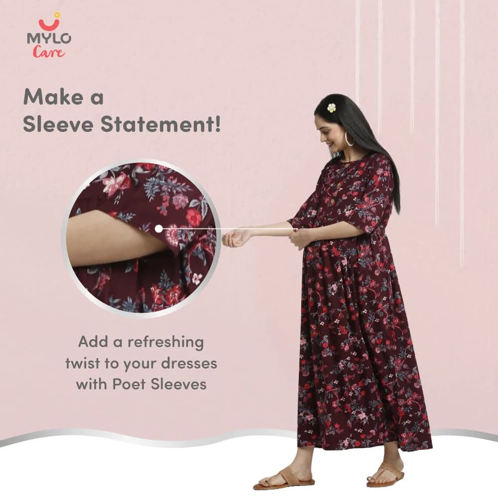 Maternity Dresses For Women with Both Side Zipper For Easy Feeding | Adjustable Belt for Growing Belly | Maxi Dress | Garden Flowers - Wine | XL
