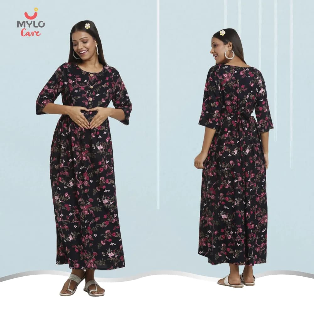 Maternity Dresses For Women with Both Side Zipper For Easy Feeding | Adjustable Belt for Growing Belly | Maxi Dress | Garden Flowers | M