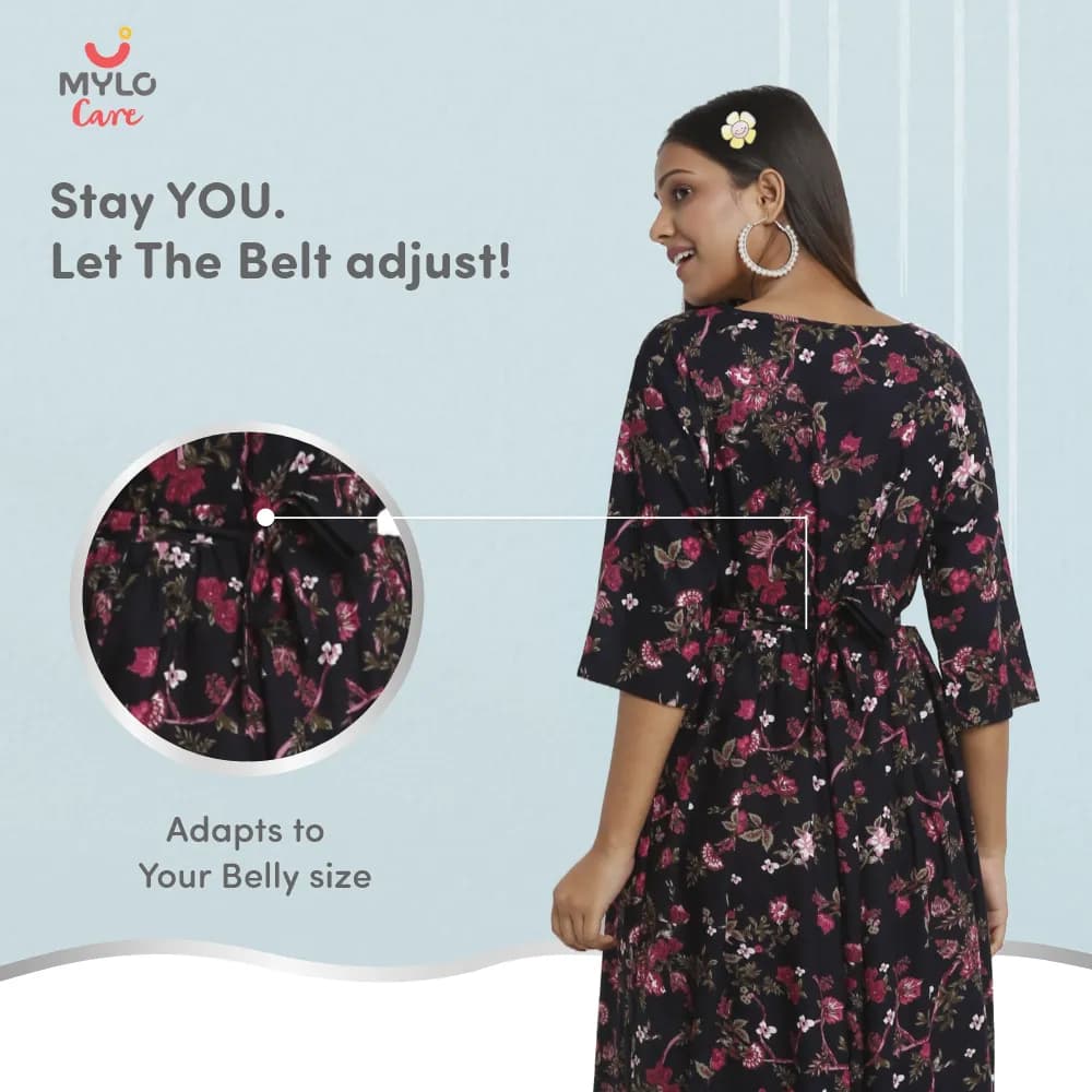 Maternity Dresses For Women with Both Side Zipper For Easy Feeding | Adjustable Belt for Growing Belly | Maxi Dress | Garden Flowers | M
